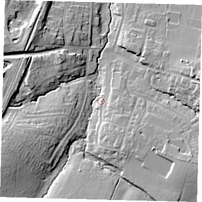 Shaded relief map of the ground around BN68JU, computed from Environment Agency LiDAR. The ground here sits at about 45 m above sea level and falls 18 m across the surrounding 800 m. Surface water reaching this point runs off ground lying to the west-south-west, 15.3 m higher.