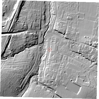 Shaded relief map of the ground around BN68JY, computed from Environment Agency LiDAR. The ground here sits at about 44 m above sea level and falls 18 m across the surrounding 800 m. Surface water reaching this point runs off ground lying to the south-south-east, 4.6 m higher.