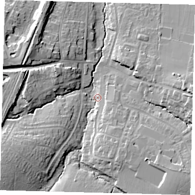 Shaded relief map of the ground around BN68JZ, computed from Environment Agency LiDAR. The ground here sits at about 44 m above sea level and falls 18 m across the surrounding 800 m. Surface water reaching this point runs off ground lying to the south-west, 15.8 m higher.