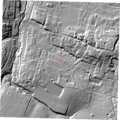 Shaded relief map of the ground around BN68LP, computed from Environment Agency LiDAR. The ground here sits at about 48 m above sea level and falls 18 m across the surrounding 800 m. Surface water reaching this point runs off ground lying to the east, 10.2 m higher.