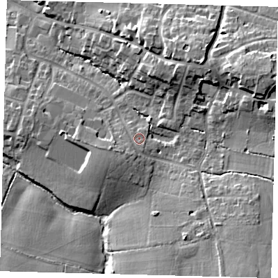 Shaded relief map of the ground around BN68LR, computed from Environment Agency LiDAR. The ground here sits at about 51 m above sea level and falls 19 m across the surrounding 800 m. Surface water reaching this point runs off ground lying to the south-south-west, 2.3 m higher.