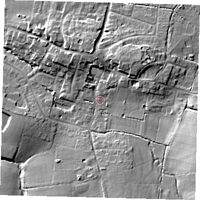 Shaded relief map of the ground around BN68LU, computed from Environment Agency LiDAR. The ground here sits at about 52 m above sea level and falls 21 m across the surrounding 800 m. Surface water reaching this point runs off ground lying to the north-east, 8.2 m higher.