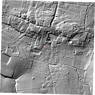 Shaded relief map of the ground around BN68NA, computed from Environment Agency LiDAR. The ground here sits at about 51 m above sea level and falls 18 m across the surrounding 800 m. Surface water reaching this point runs off ground lying to the north-east, 9.1 m higher.