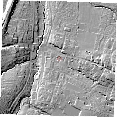 Shaded relief map of the ground around BN68QA, computed from Environment Agency LiDAR. The ground here sits at about 44 m above sea level and falls 18 m across the surrounding 800 m. Surface water reaching this point runs off ground lying to the east, 12.6 m higher.