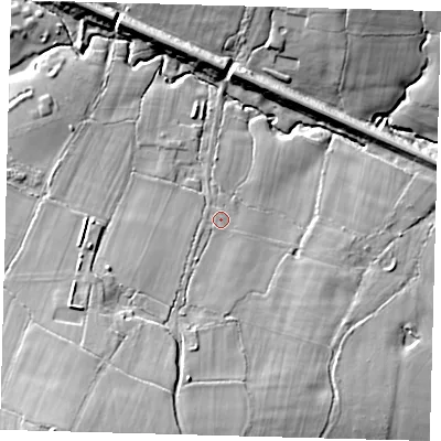 Shaded relief map of the ground around BN68RY, computed from Environment Agency LiDAR. The ground here sits at about 40 m above sea level and falls 24 m across the surrounding 800 m. Surface water reaching this point runs off ground lying to the south-south-west, 15.1 m higher.