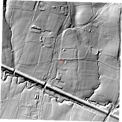 Shaded relief map of the ground around BN68SA, computed from Environment Agency LiDAR. The ground here sits at about 44 m above sea level and falls 32 m across the surrounding 800 m. Surface water reaching this point runs off ground lying to the north-north-east, 7.4 m higher.