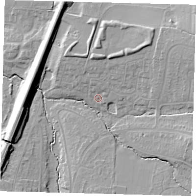 Shaded relief map of the ground around BN68YJ, computed from Environment Agency LiDAR. The ground here sits at about 42 m above sea level and falls 18 m across the surrounding 800 m. Surface water reaching this point runs off ground lying to the north-east, 10.1 m higher.