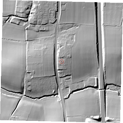 Shaded relief map of the ground around BN69BJ, computed from Environment Agency LiDAR. The ground here sits at about 38 m above sea level and falls 25 m across the surrounding 800 m. Surface water reaching this point runs off ground lying to the north-north-east, 2.9 m higher.