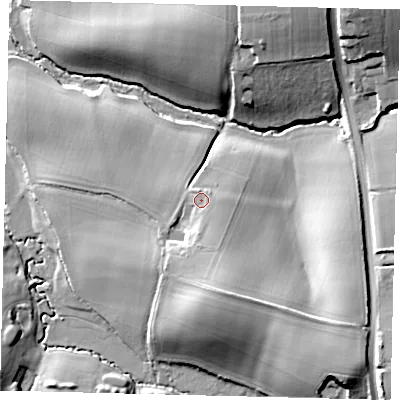 Shaded relief map of the ground around BN69BL, computed from Environment Agency LiDAR. The ground here sits at about 34 m above sea level and falls 25 m across the surrounding 800 m. Surface water reaching this point runs off ground lying to the south-south-east, 3.2 m higher.