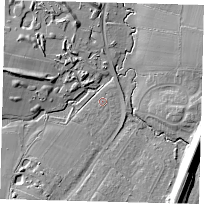Shaded relief map of the ground around BN69FG, computed from Environment Agency LiDAR. The ground here sits at about 38 m above sea level and falls 20 m across the surrounding 800 m. Surface water reaching this point runs off ground lying to the south-west, 2.7 m higher.