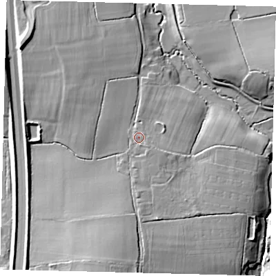 Shaded relief map of the ground around BN69HA, computed from Environment Agency LiDAR. The ground here sits at about 23 m above sea level and falls 18 m across the surrounding 800 m. Surface water reaching this point runs off ground lying to the south-east, 0.7 m higher.