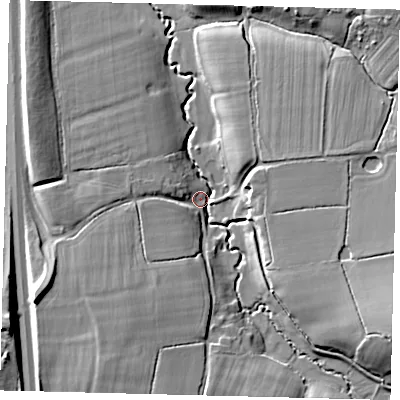 Shaded relief map of the ground around BN69HN, computed from Environment Agency LiDAR. The ground here sits at about 15 m above sea level and falls 16 m across the surrounding 800 m. Surface water reaching this point runs off ground lying to the west-south-west, 14.4 m higher.