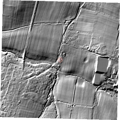 Shaded relief map of the ground around BN69LP, computed from Environment Agency LiDAR. The ground here sits at about 24 m above sea level and falls 14 m across the surrounding 800 m. Surface water reaching this point runs off ground lying to the east-north-east, 9.8 m higher.