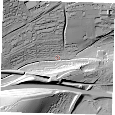 Shaded relief map of the ground around BN71HN, computed from Environment Agency LiDAR. The ground here sits at about 8 m above sea level and falls 67 m across the surrounding 800 m. Surface water reaching this point runs off ground lying to the north-west, 62.0 m higher.