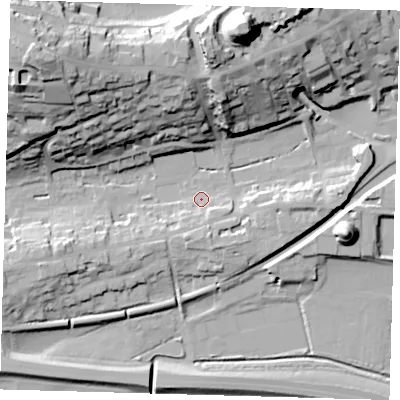 Shaded relief map of the ground around BN71HR, computed from Environment Agency LiDAR. The ground here sits at about 6 m above sea level and falls 49 m across the surrounding 800 m. Surface water reaching this point runs off ground lying to the south-south-west, 6.8 m higher.