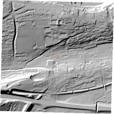 Shaded relief map of the ground around BN71HY, computed from Environment Agency LiDAR. The ground here sits at about 6 m above sea level and falls 53 m across the surrounding 800 m. Surface water reaching this point runs off ground lying to the north-west, 50.0 m higher.