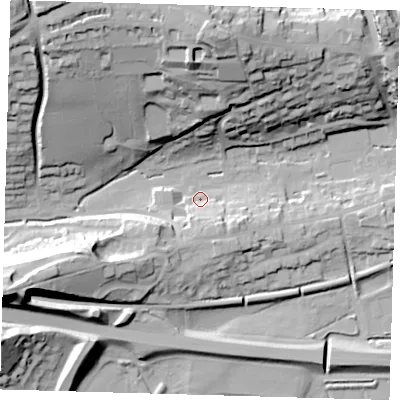 Shaded relief map of the ground around BN71HZ, computed from Environment Agency LiDAR. The ground here sits at about 7 m above sea level and falls 51 m across the surrounding 800 m. Surface water reaching this point runs off ground lying to the south, 10.3 m higher.