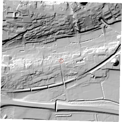 Shaded relief map of the ground around BN71JA, computed from Environment Agency LiDAR. The ground here sits at about 9 m above sea level and falls 47 m across the surrounding 800 m. Surface water reaching this point runs off ground lying to the south-south-west, 3.6 m higher.