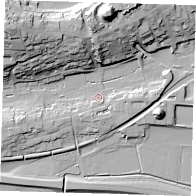 Shaded relief map of the ground around BN71JB, computed from Environment Agency LiDAR. The ground here sits at about 7 m above sea level and falls 49 m across the surrounding 800 m. Surface water reaching this point runs off ground lying to the south-east, 4.9 m higher.