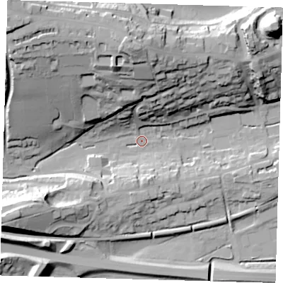 Shaded relief map of the ground around BN71JF, computed from Environment Agency LiDAR. The ground here sits at about 6 m above sea level and falls 49 m across the surrounding 800 m. Surface water reaching this point runs off ground lying to the north-west, 45.3 m higher.