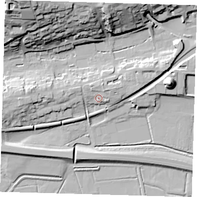 Shaded relief map of the ground around BN71JH, computed from Environment Agency LiDAR. The ground here sits at about 9 m above sea level and falls 45 m across the surrounding 800 m. Surface water reaching this point runs off ground lying to the north-north-west, 3.9 m higher.