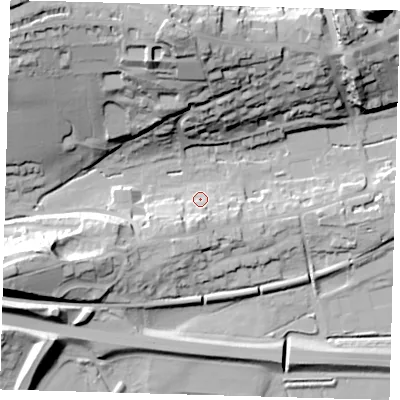 Shaded relief map of the ground around BN71JJ, computed from Environment Agency LiDAR. The ground here sits at about 8 m above sea level and falls 49 m across the surrounding 800 m. Surface water reaching this point runs off ground lying to the south, 6.7 m higher.