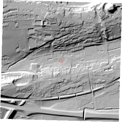 Shaded relief map of the ground around BN71JL, computed from Environment Agency LiDAR. The ground here sits at about 5 m above sea level and falls 49 m across the surrounding 800 m. Surface water reaching this point runs off ground lying to the north-north-west, 44.2 m higher.