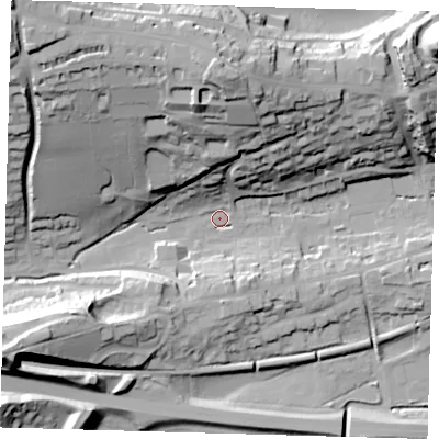 Shaded relief map of the ground around BN71JN, computed from Environment Agency LiDAR. The ground here sits at about 6 m above sea level and falls 52 m across the surrounding 800 m. Surface water reaching this point runs off ground lying to the north-west, 49.1 m higher.
