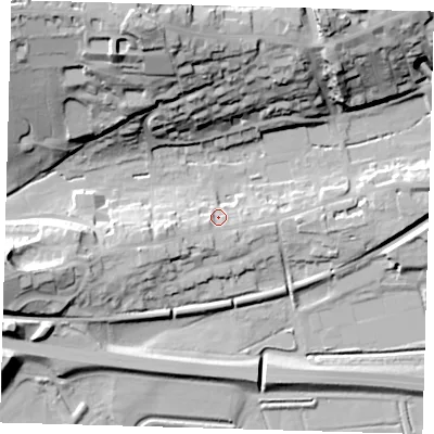Shaded relief map of the ground around BN71JP, computed from Environment Agency LiDAR. The ground here sits at about 10 m above sea level and falls 47 m across the surrounding 800 m. Surface water reaching this point runs off ground lying to the west-south-west, 5.9 m higher.