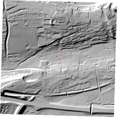 Shaded relief map of the ground around BN71JQ, computed from Environment Agency LiDAR. The ground here sits at about 6 m above sea level and falls 49 m across the surrounding 800 m. Surface water reaching this point runs off ground lying to the north-west, 46.1 m higher.