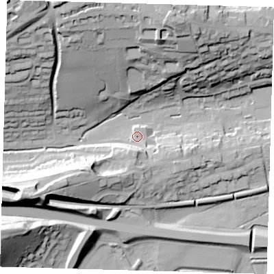 Shaded relief map of the ground around BN71JU, computed from Environment Agency LiDAR. The ground here sits at about 9 m above sea level and falls 52 m across the surrounding 800 m. Surface water reaching this point runs off ground lying to the south-east, 5.1 m higher.