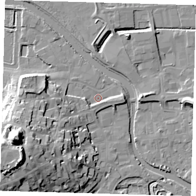Shaded relief map of the ground around BN71JX, computed from Environment Agency LiDAR. The ground here sits at about 4 m above sea level and falls 43 m across the surrounding 800 m. Surface water reaching this point runs off ground lying to the south-west, 25.6 m higher.