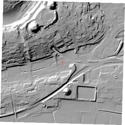 Shaded relief map of the ground around BN71RU, computed from Environment Agency LiDAR. The ground here sits at about 4 m above sea level and falls 49 m across the surrounding 800 m. Surface water reaching this point runs off ground lying to the west-north-west, 29.5 m higher.