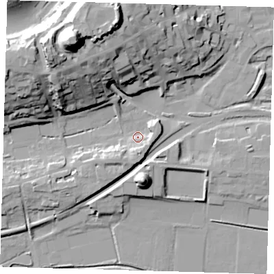Shaded relief map of the ground around BN71TH, computed from Environment Agency LiDAR. The ground here sits at about 5 m above sea level and falls 49 m across the surrounding 800 m. Surface water reaching this point runs off ground lying to the south-south-west, 8.1 m higher.