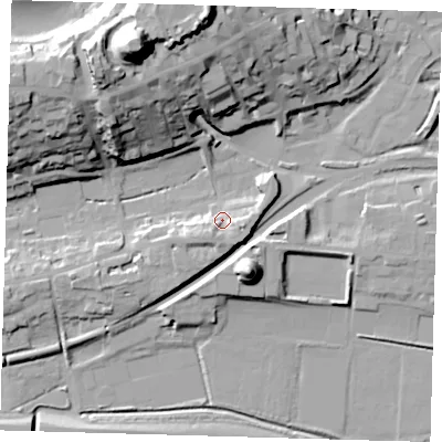 Shaded relief map of the ground around BN71TJ, computed from Environment Agency LiDAR. The ground here sits at about 8 m above sea level and falls 49 m across the surrounding 800 m. Surface water reaching this point runs off ground lying to the south-west, 7.8 m higher.