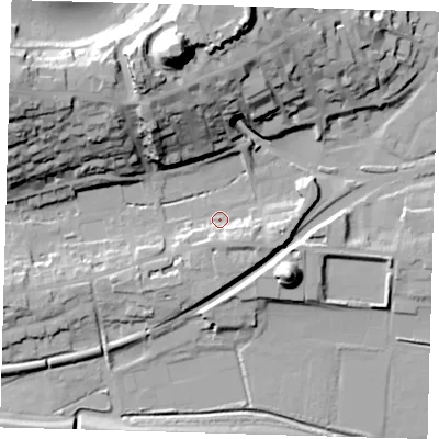 Shaded relief map of the ground around BN71TL, computed from Environment Agency LiDAR. The ground here sits at about 6 m above sea level and falls 49 m across the surrounding 800 m. Surface water reaching this point runs off ground lying to the south-east, 8.2 m higher.