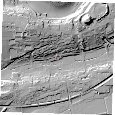 Shaded relief map of the ground around BN71TR, computed from Environment Agency LiDAR. The ground here sits at about 8 m above sea level and falls 49 m across the surrounding 800 m. Surface water reaching this point runs off ground lying to the north-west, 44.2 m higher.