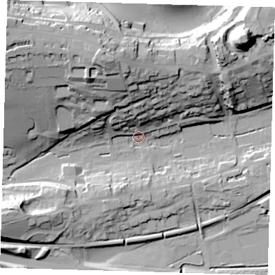 Shaded relief map of the ground around BN71TS, computed from Environment Agency LiDAR. The ground here sits at about 6 m above sea level and falls 49 m across the surrounding 800 m. Surface water reaching this point runs off ground lying to the north-north-west, 44.2 m higher.