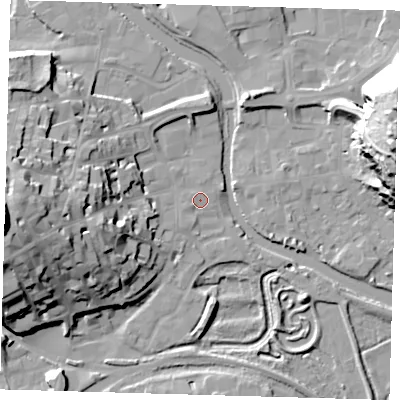 Shaded relief map of the ground around BN72AD, computed from Environment Agency LiDAR. The ground here sits at about 5 m above sea level and falls 49 m across the surrounding 800 m. Surface water reaching this point runs off ground lying to the west, 25.4 m higher.