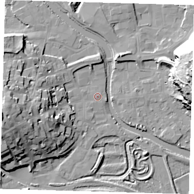 Shaded relief map of the ground around BN72AF, computed from Environment Agency LiDAR. The ground here sits at about 5 m above sea level and falls 51 m across the surrounding 800 m. Surface water reaching this point runs off ground lying to the west, 25.4 m higher.