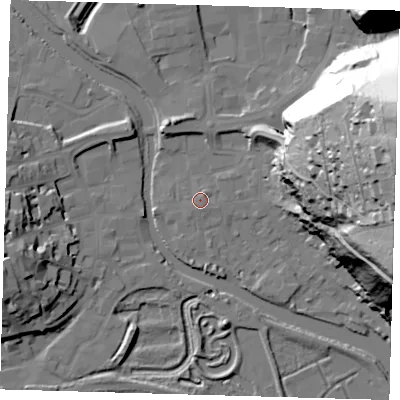 Shaded relief map of the ground around BN72AH, computed from Environment Agency LiDAR. The ground here sits at about 5 m above sea level and falls 75 m across the surrounding 800 m. Surface water reaching this point runs off ground lying to the north-north-east, 1.2 m higher.