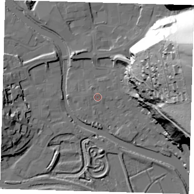 Shaded relief map of the ground around BN72AN, computed from Environment Agency LiDAR. The ground here sits at about 5 m above sea level and falls 79 m across the surrounding 800 m. Surface water reaching this point runs off ground lying to the north-north-east, 0.8 m higher.