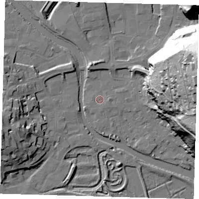 Shaded relief map of the ground around BN72AP, computed from Environment Agency LiDAR. The ground here sits at about 4 m above sea level and falls 71 m across the surrounding 800 m. Surface water reaching this point runs off ground lying to the east, 1.5 m higher.