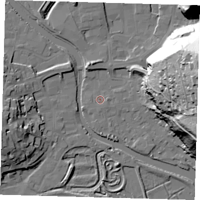 Shaded relief map of the ground around BN72AR, computed from Environment Agency LiDAR. The ground here sits at about 4 m above sea level and falls 72 m across the surrounding 800 m. Surface water reaching this point runs off ground lying to the east, 1.5 m higher.
