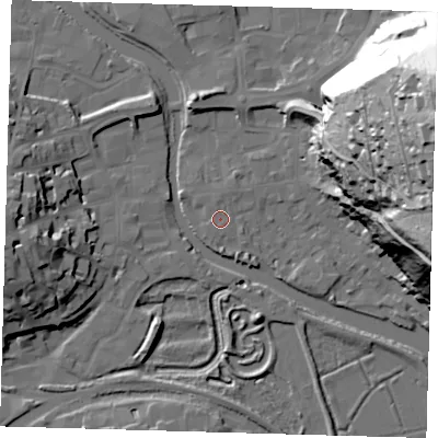 Shaded relief map of the ground around BN72AS, computed from Environment Agency LiDAR. The ground here sits at about 4 m above sea level and falls 72 m across the surrounding 800 m. Surface water reaching this point runs off ground lying to the north-north-east, 1.0 m higher.