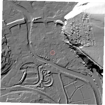 Shaded relief map of the ground around BN72AT, computed from Environment Agency LiDAR. The ground here sits at about 4 m above sea level and falls 84 m across the surrounding 800 m. Surface water reaching this point runs off ground lying to the east-north-east, 34.9 m higher.