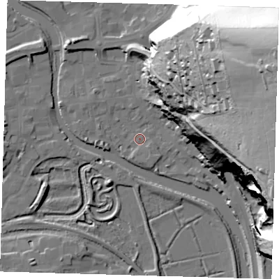 Shaded relief map of the ground around BN72AU, computed from Environment Agency LiDAR. The ground here sits at about 4 m above sea level and falls 90 m across the surrounding 800 m. Surface water reaching this point runs off ground lying to the south, 2.1 m higher.