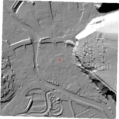 Shaded relief map of the ground around BN72AW, computed from Environment Agency LiDAR. The ground here sits at about 4 m above sea level and falls 82 m across the surrounding 800 m. Surface water reaching this point runs off ground lying to the east-north-east, 0.9 m higher.