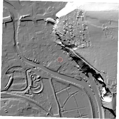 Shaded relief map of the ground around BN72AX, computed from Environment Agency LiDAR. The ground here sits at about 4 m above sea level and falls 96 m across the surrounding 800 m. Surface water reaching this point runs off ground lying to the east-north-east, 93.3 m higher.