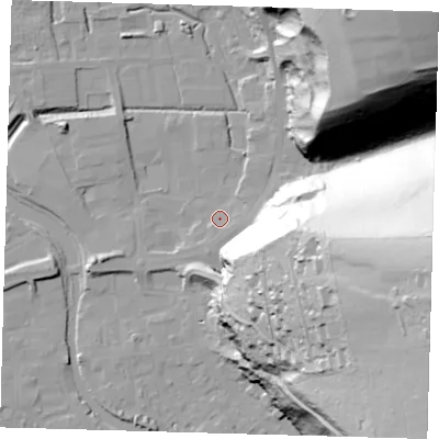Shaded relief map of the ground around BN72AZ, computed from Environment Agency LiDAR. The ground here sits at about 4 m above sea level and falls 95 m across the surrounding 800 m. Surface water reaching this point runs off ground lying to the east-south-east, 72.0 m higher.